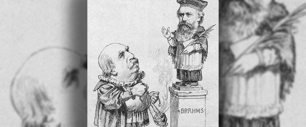 Eduard Hanslick offering incense to Brahms cartoon rom the Viennese journal Figaro 1890 banner