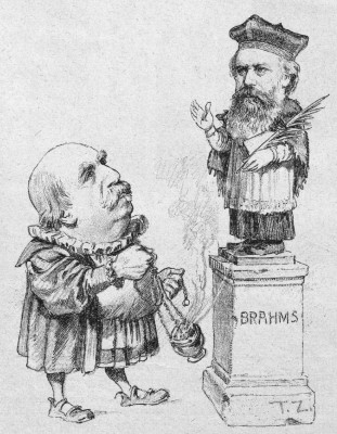 Nineteenth-century music critic and Brahms champion, Eduard Hanslick, offering incense to the bust of Brahms [Viennese Figaro, 1890].