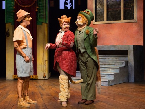 Connor Lucas (left) in YPT’s Pinocchio, with Arena Hermans as Cat (centre) and Joel Cumber as the Fox. Photo by Cylla von Tiedemann.